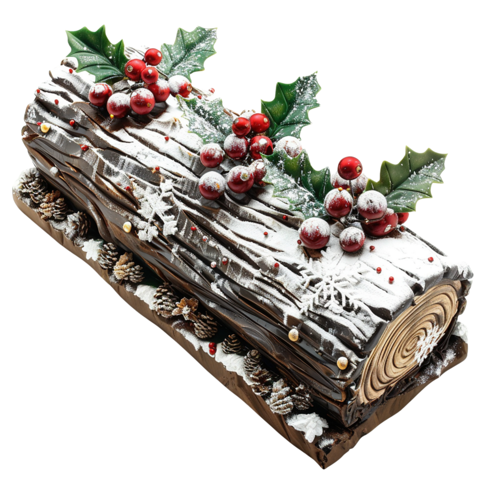 A festive Yule Log with holly berries and a dusting of powdered sugar, isolated on transparent background png