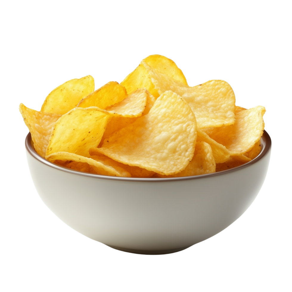 A bowl of golden crispy potato chips, isolated, on transparent background png