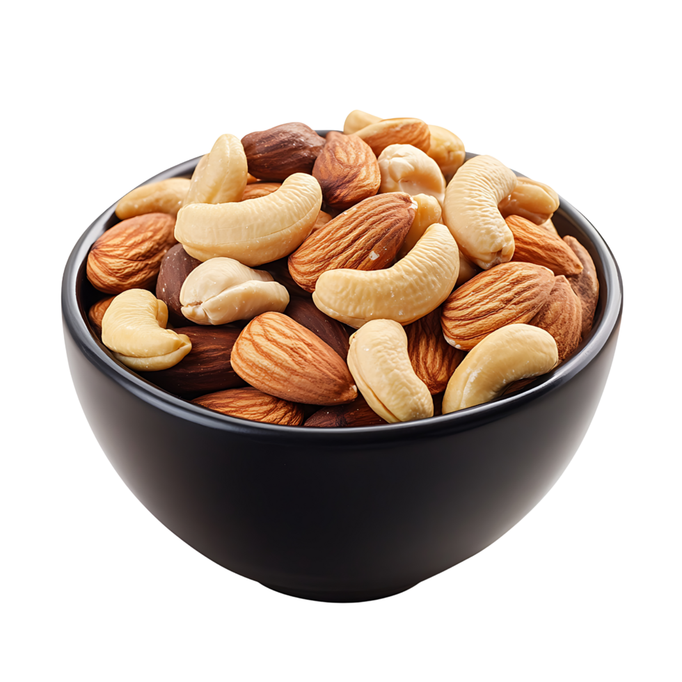 A bowl filled with mixed nuts such as almonds, walnuts, and cashews, isolated on transparent background png