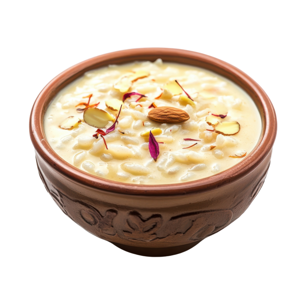 A beautifully plated bowl of Kheer, garnished with almonds and saffron, isolated on transparent background. png