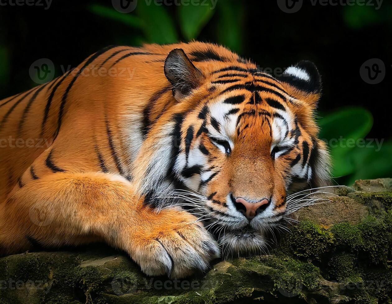 a majestic tiger sleeping peacefully on a moss-covered rock in the jungle with its striped coat blending seamlessly into the lush green surroundings photo
