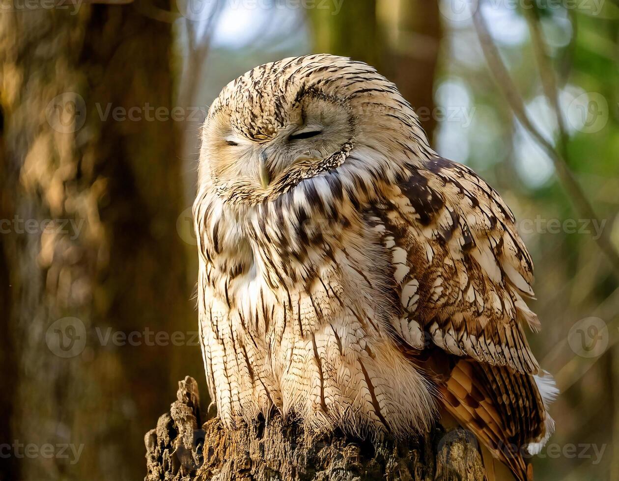 a sleeping owl perched on a tree stump in a forest setting with fluffed feathers for warmth and natural woodland background photo