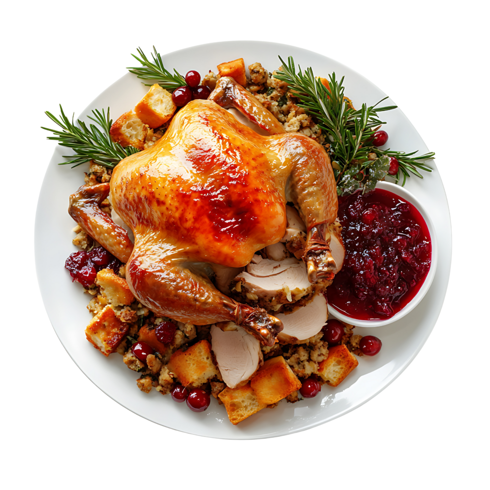 Elegant Christmas turkey roast with stuffing and cranberry sauce, isolated on transparent background png