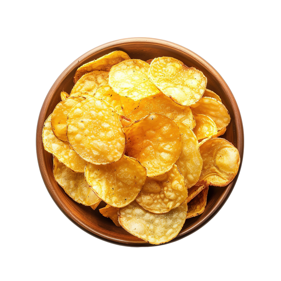 A bowl of golden crispy potato chips arranged perfectly, top view, isolated on transparent background png