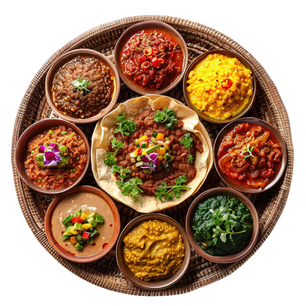 Vibrant Ethiopian Injera Platter with Stews and Sides, Isolated on Transparent Background png