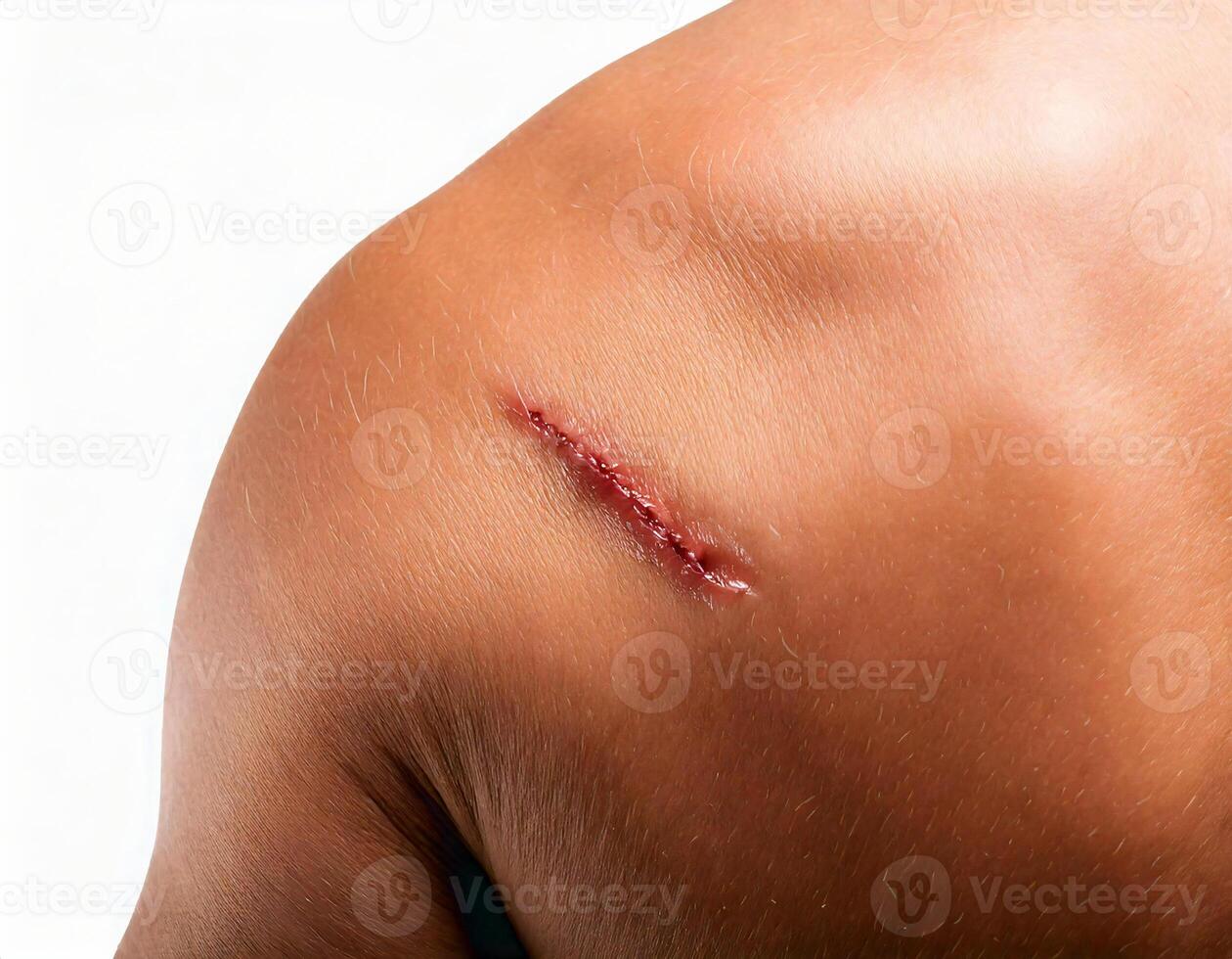 close-up of a fresh scar from a minor healed cut on the shoulder isolated on white background photo