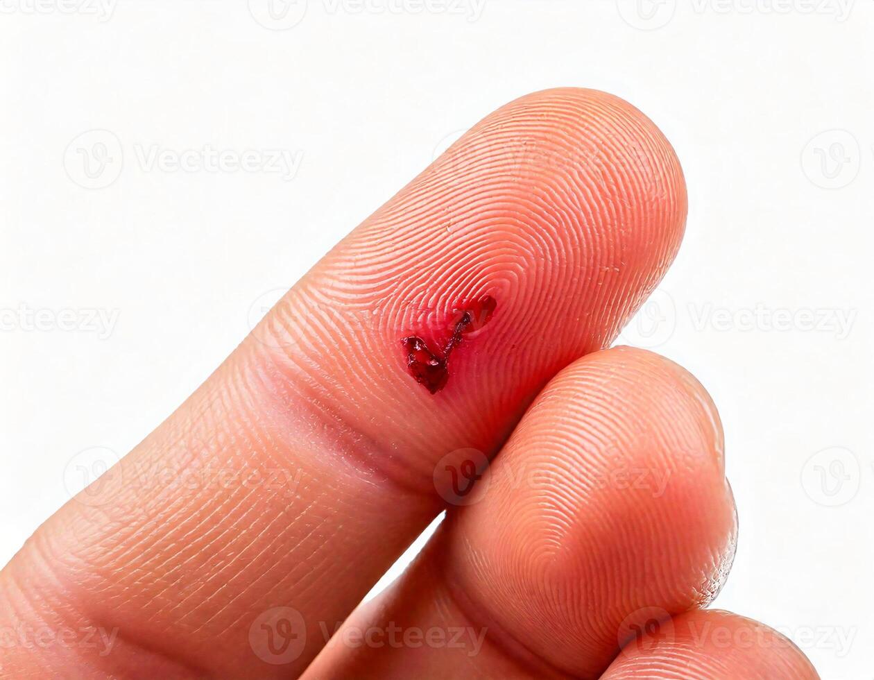 close-up of a shallow paper cut on a fingertip with visible redness and detail isolated on white background photo