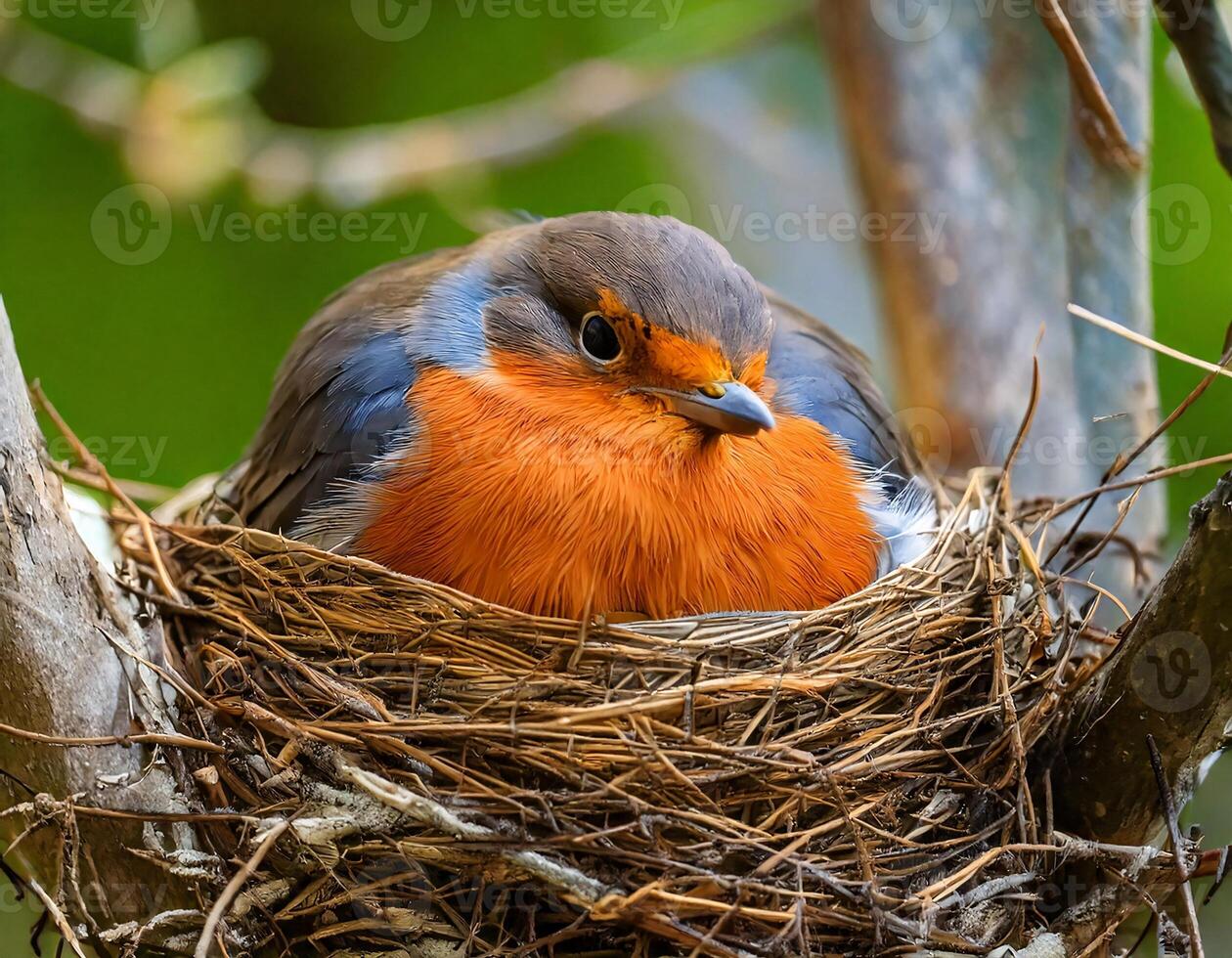 a robin resting on its intricately woven nest perched on a tree branch surrounded by natural greenery photo