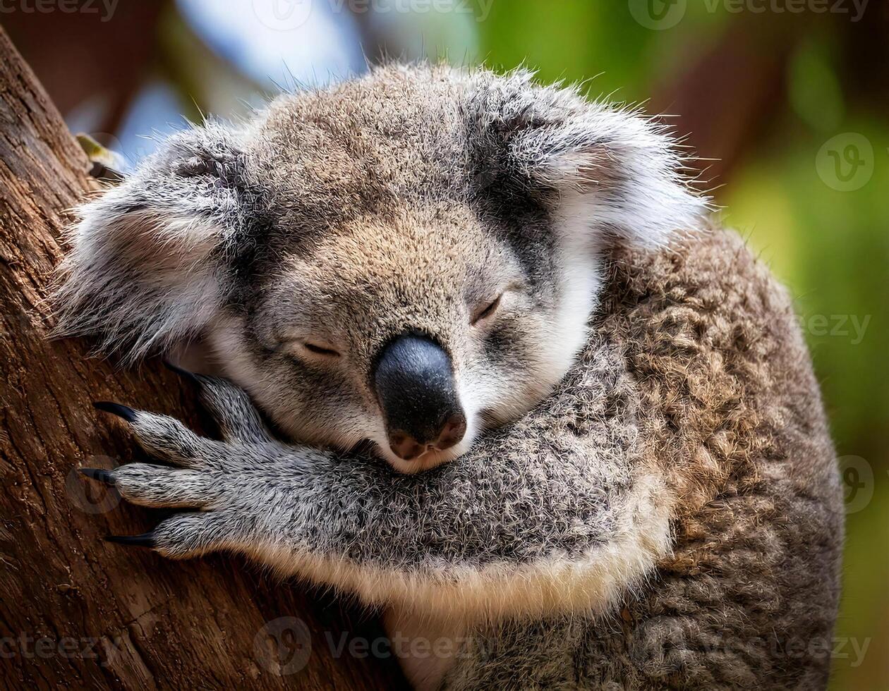 koala sleeping snugly against a tree trunk with claws gently gripping the bark in a natural habitat photo