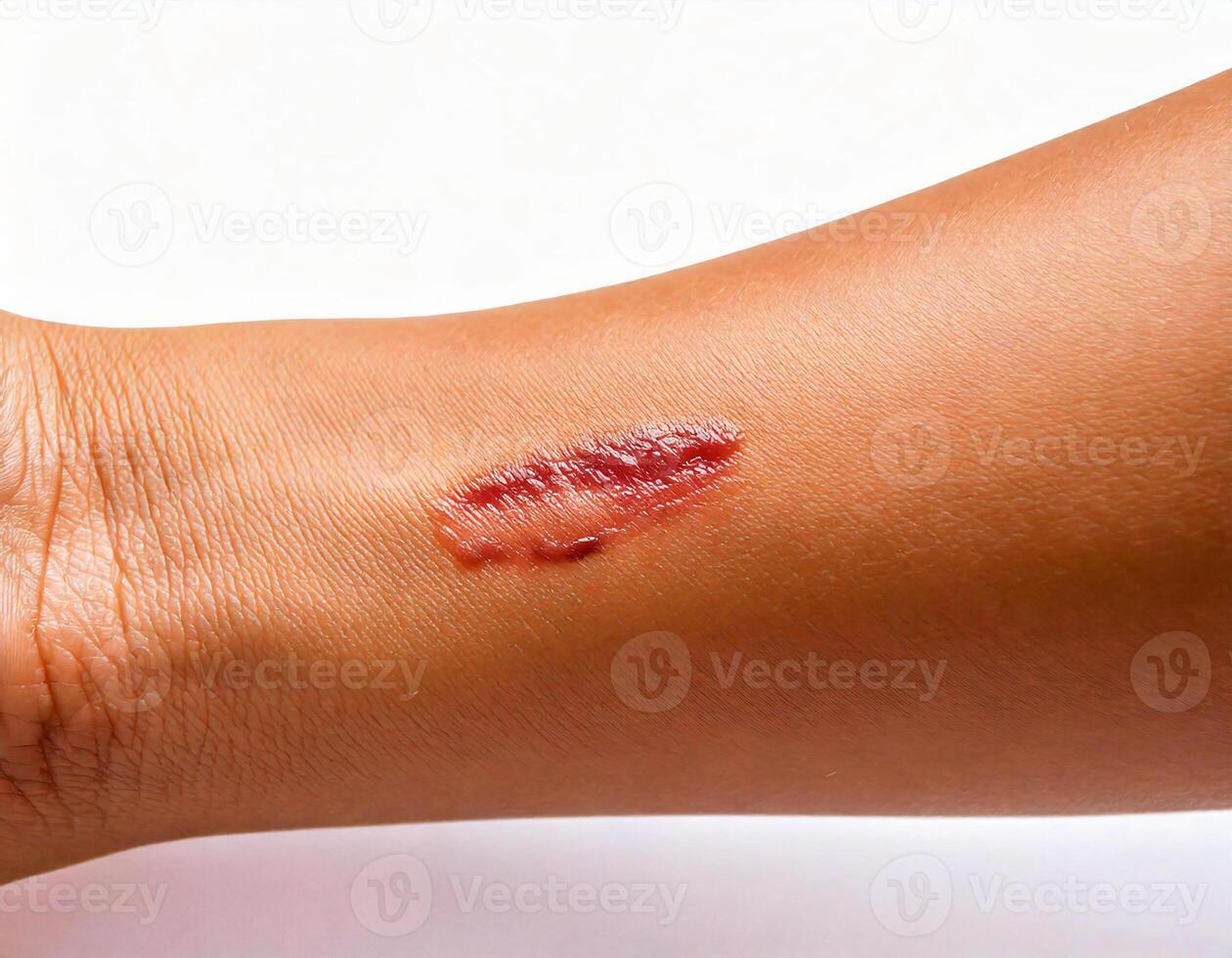 close-up of a fresh cut on a human forearm with slight bleeding and healing process isolated on white background photo