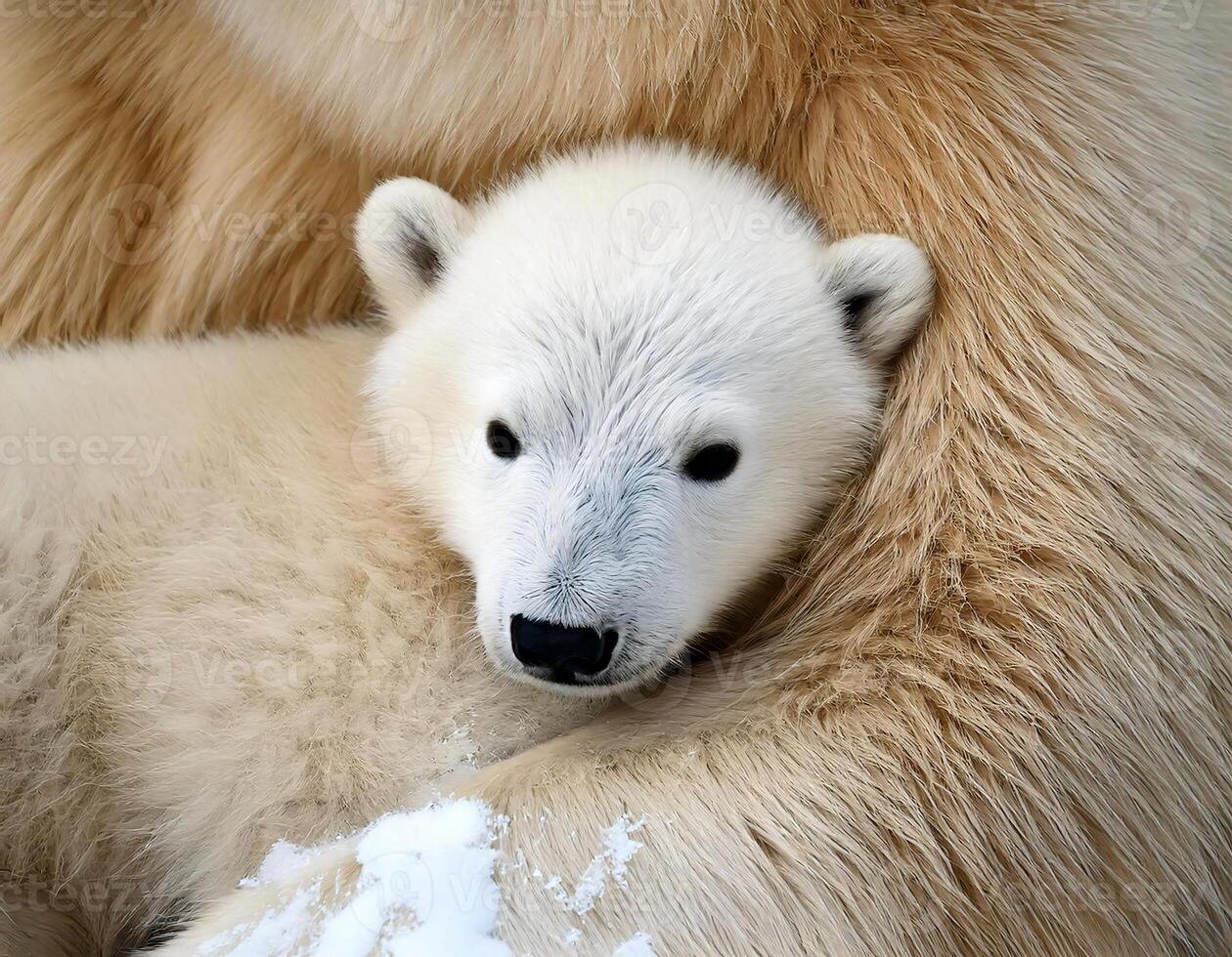 a polar bear cub snuggling against its mother on a snowy and cozy fur background in the Arctic wilderness photo