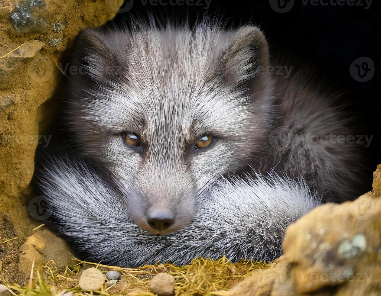 an arctic fox curled up inside its den with intense golden eyes and a fluffy silver tail, blending into the natural rocky surroundings photo