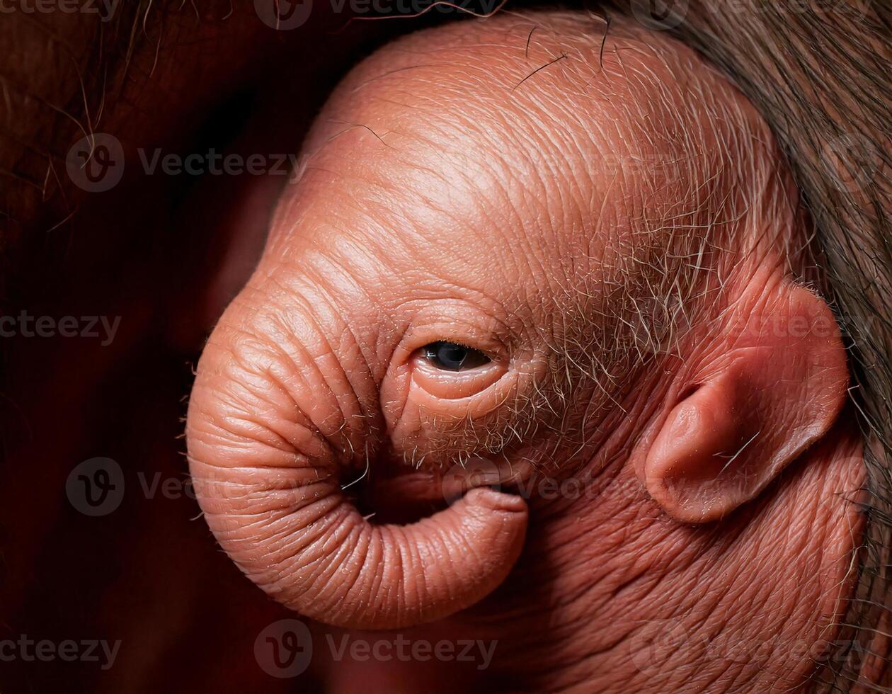 a side view of an elephant fetus in advanced developmental stage showcasing detailed skin texture and facial features photo