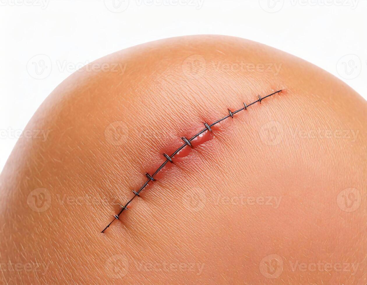 close-up of a surgical incision with stitched edges on skin isolated on white background photo
