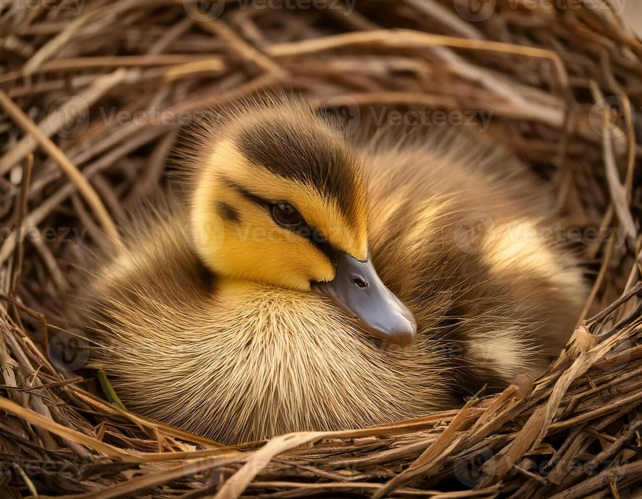 a duckling nestled in a soft reed nest with vibrant yellow and brown feathers looking peaceful and serene photo