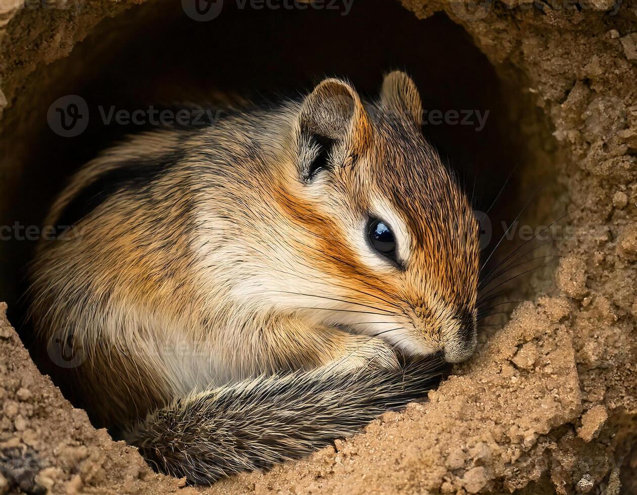 close-up of a chipmunk resting inside its burrow with paws tucked under its chin in a natural habitat photo
