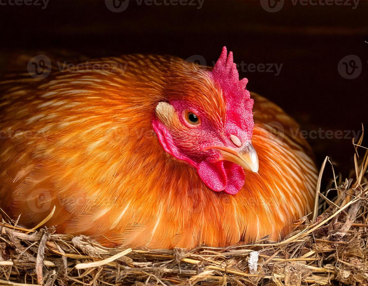 close-up of a red hen nesting in a straw-filled box showcasing natural farming and poultry lifestyle photo