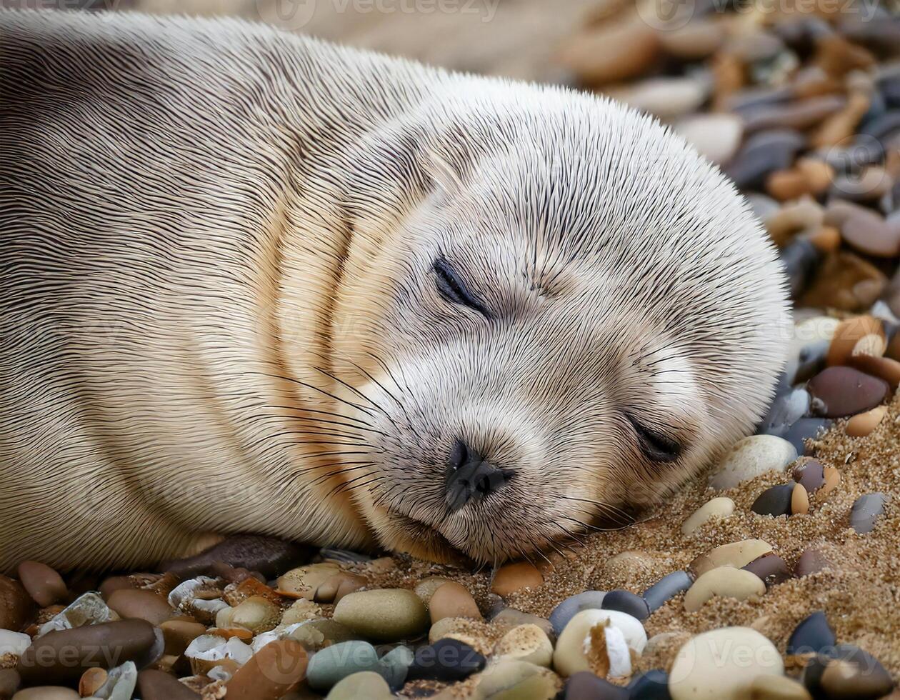 a sleeping seal pup curled up on a sandy beach surrounded by smooth colorful pebbles with a serene and natural coastal setting photo