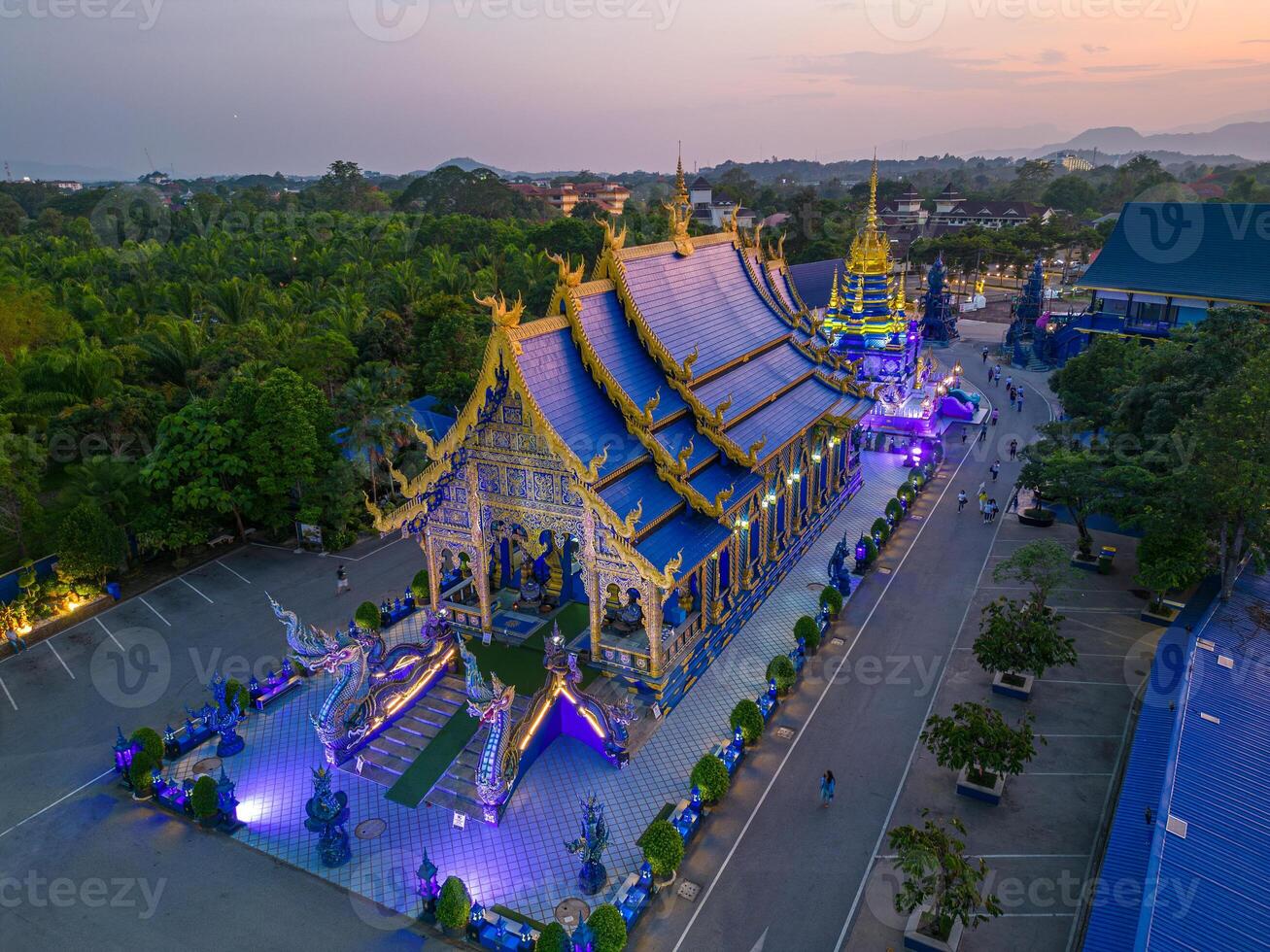 Aerial View Of Blue Temple In Chiang Rai At Sunset, Thailand. photo
