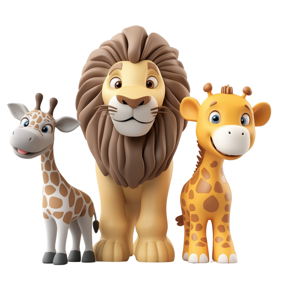 3D Safari Squad Lion, Elephant, and Giraffe in a Row, Isolated on Transparent Background png