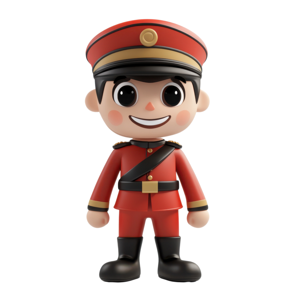 3D Cartoon-Style Toy Soldier in Oversized Uniform, Friendly Pose, Isolated on Transparent Background png
