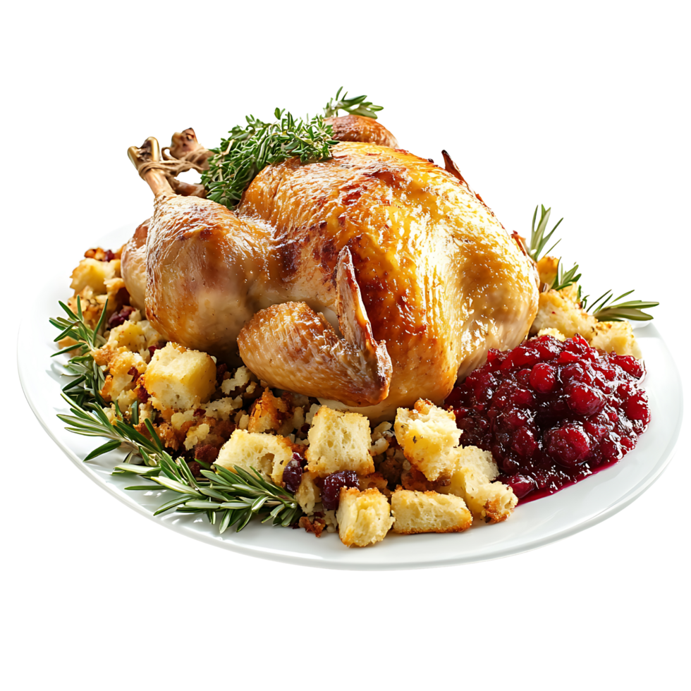 Beautifully plated Christmas roast turkey with stuffing, cranberry sauce, and garnish, isolated on transparent background png