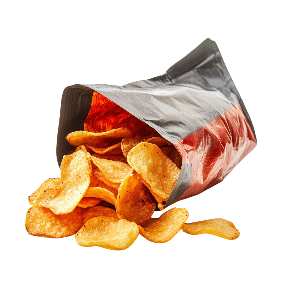 Open Spicy Chips Bag with Crispy Chips Falling Out, Isolated on Transparent Background png