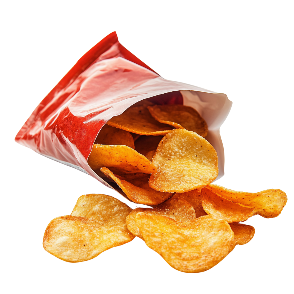 Crispy Spicy Chips Spilling from Open Bag, Isolated on Transparent Background png