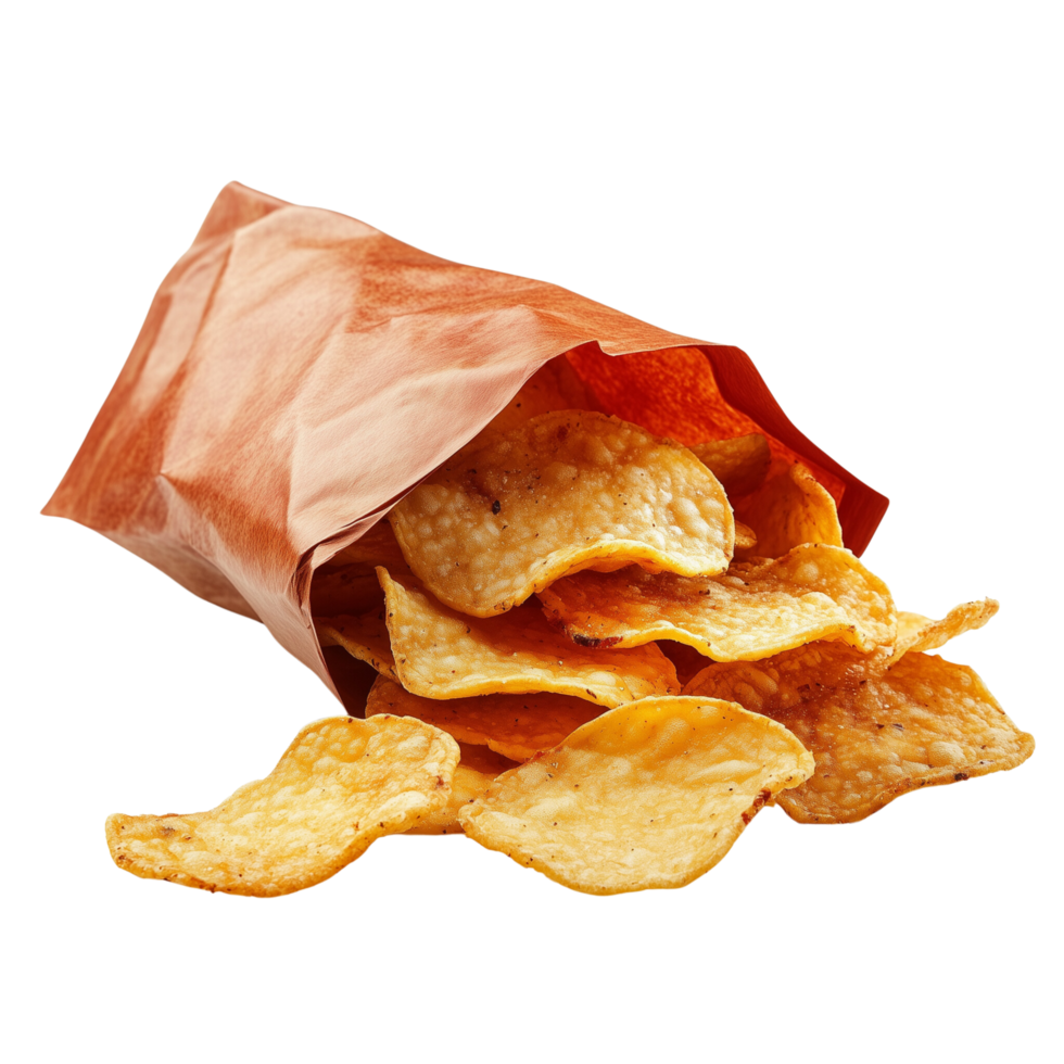 Bag of Spicy Chips with Chips Overflowing, Isolated on Transparent Background png