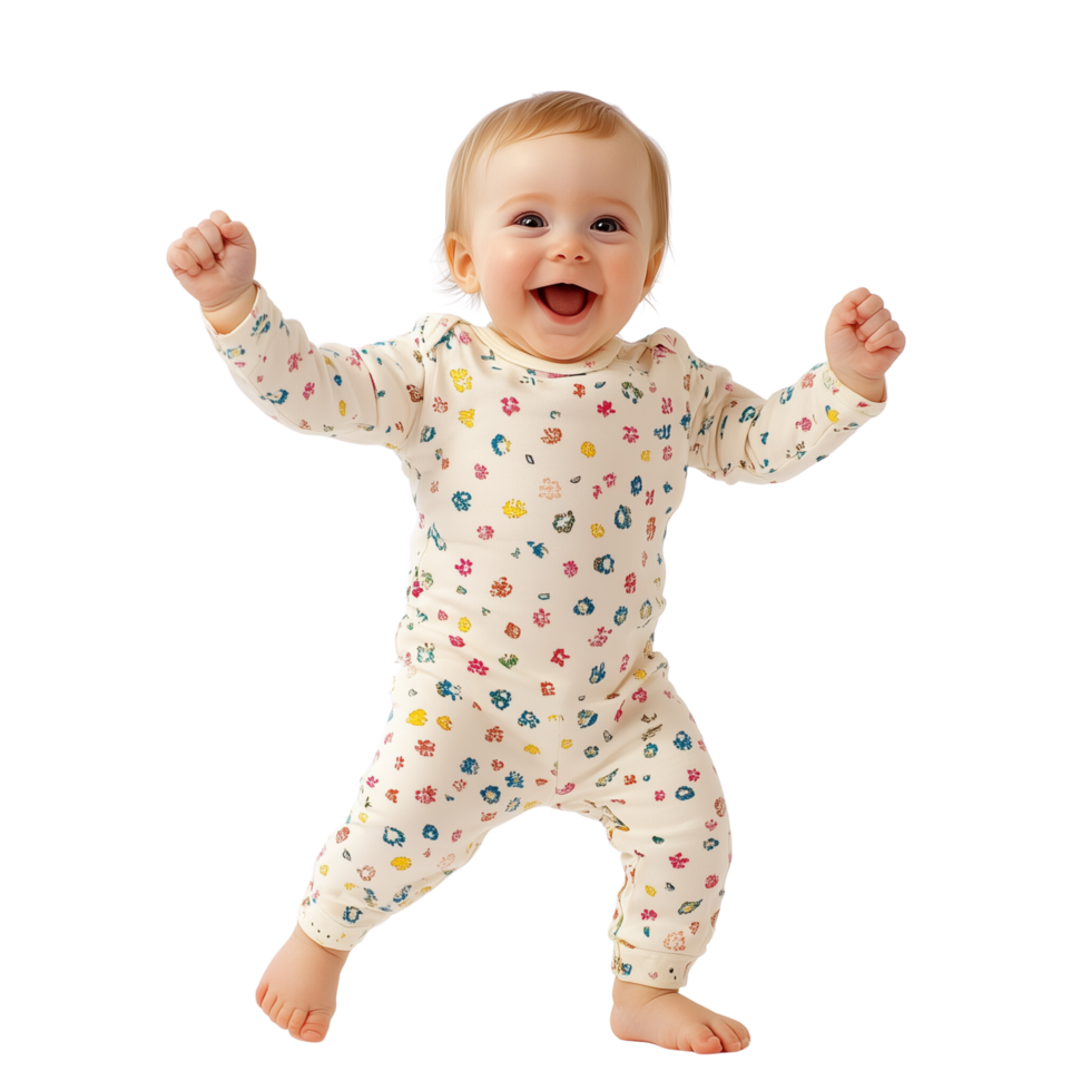 Joyful Baby in Cute Onesie Taking First Steps, Smiling Brightly, Isolated on Transparent Background png