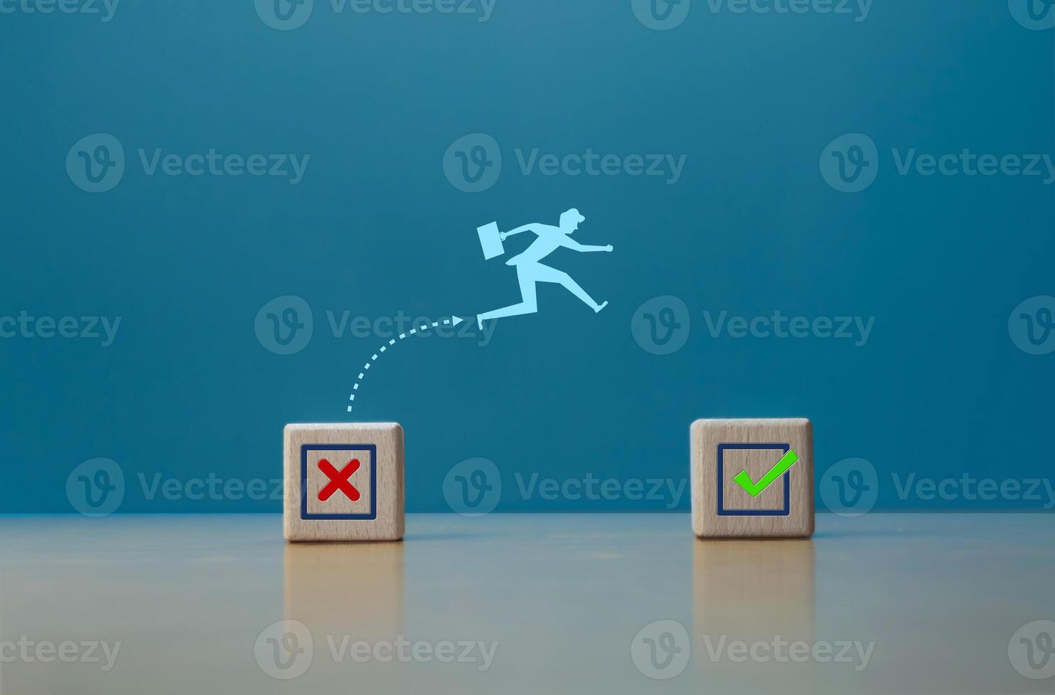 Selecting the correctness, a businessman jumps from the wrong icon to the correct photo