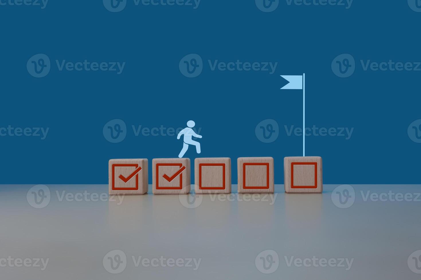 Project progress Businessman steps on task check mark to completion flag photo