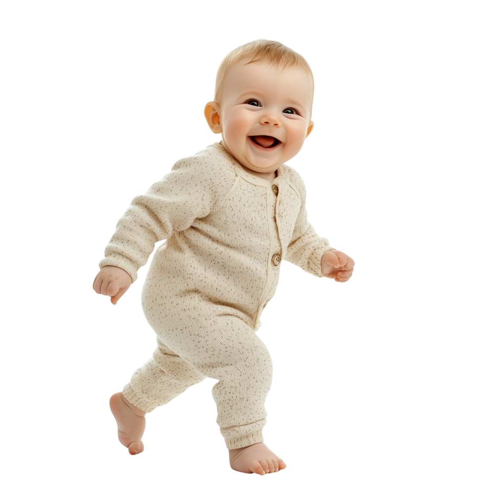 Cheerful Baby Taking First Steps in Onesie with Joyful Smile, Isolated on Transparent Background png