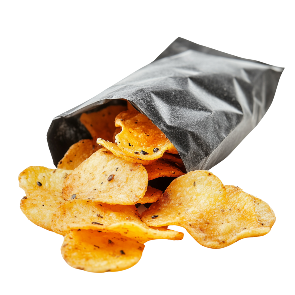 Spicy Chips Bag with Open Top and Chips Spilling, Isolated on Transparent Background png