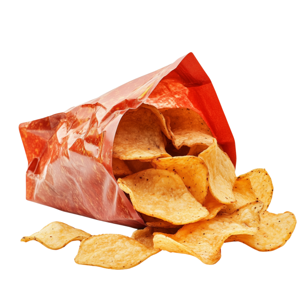 Open Bag of Spicy Chips with Chips Spilling Out, Isolated on Transparent Background png