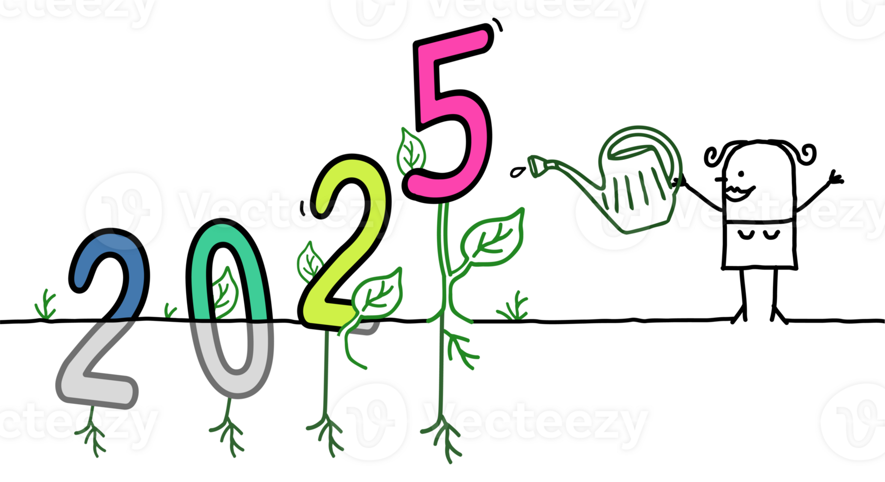 Cartoon Gardener Woman Watering a big colored 2025 sign png