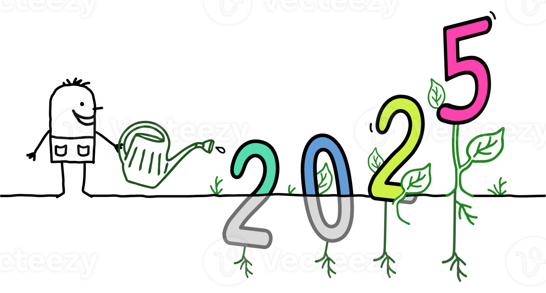 Cartoon Gardener Man Watering a big colored 2025 sign png