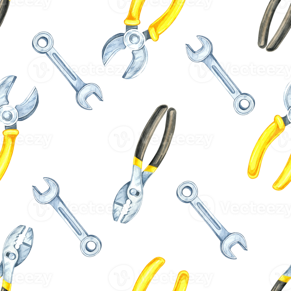 A seamless pattern watercolor illustration featuring yellow pliers, silver bolts, and wrenches. Suitable for crafting supplies, custom wrapping paper, and construction-related decor or merchandise png
