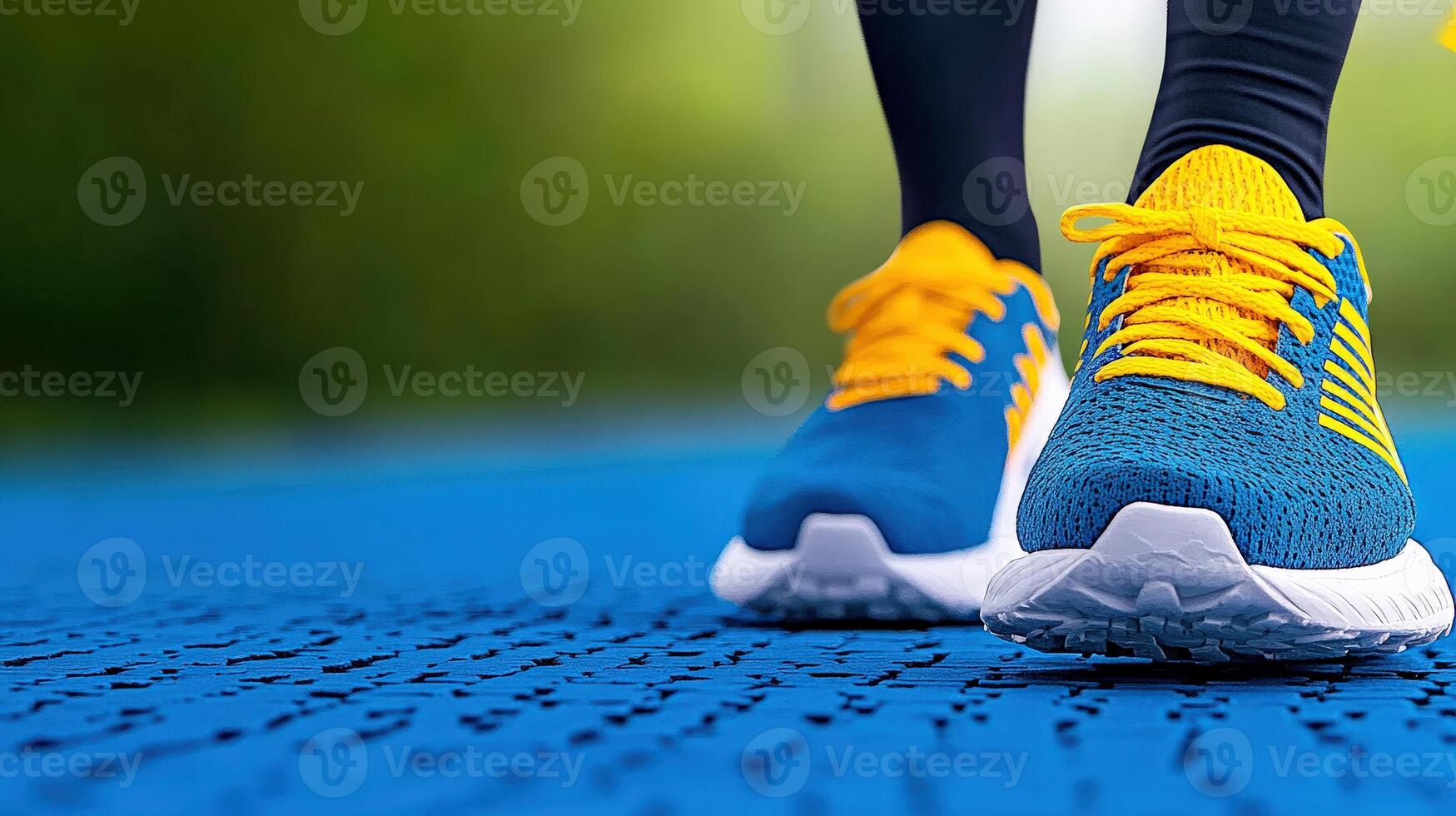 Close-up of vibrant athletic shoes on a blue running track, ideal for fitness and sports. photo