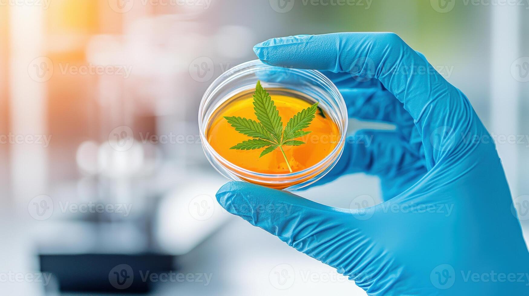 Laboratory experiment with cannabis extract in a petri dish held by a gloved hand. photo