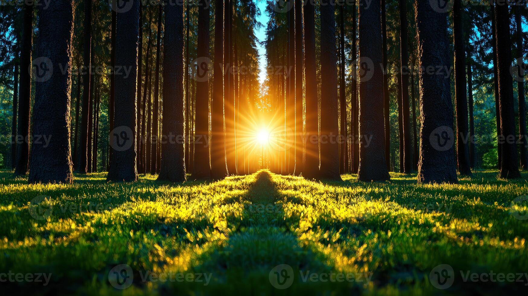 A bright sunset illuminating a lush forest grove with vibrant greenery. photo