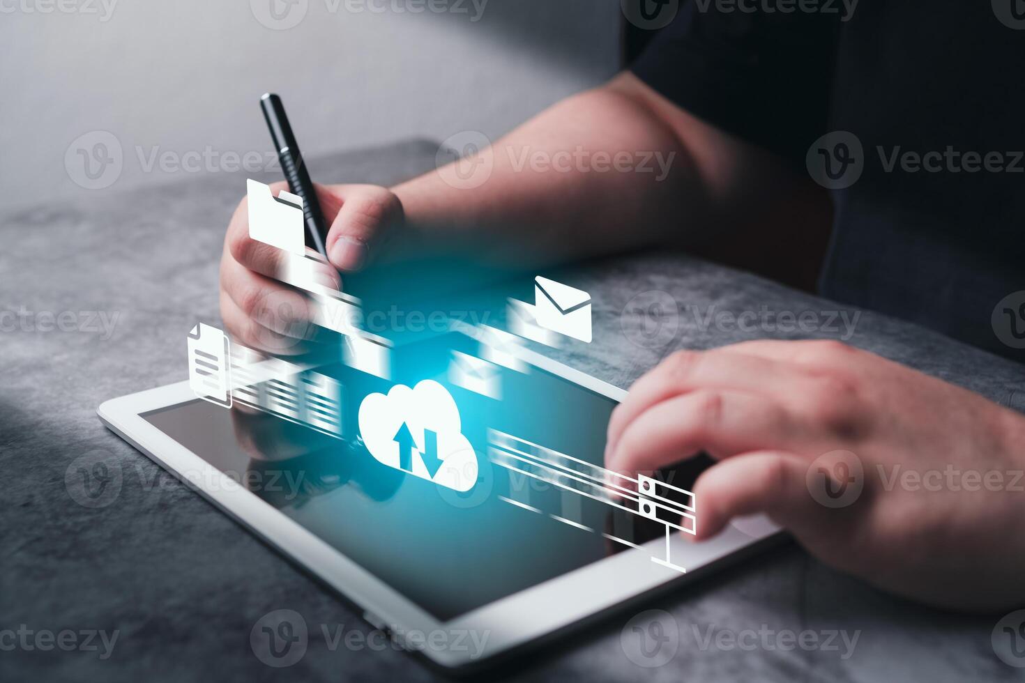 Database storage cloud technology file data transfer. Woman use digital tablet for upload backup cloud drive. photo