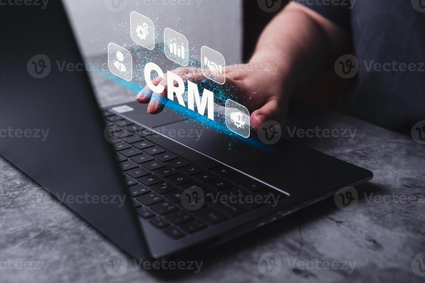 Customer relationship management concept. Retention strategies. CRM or customer loyalty program. Woman use laptop for CRM. photo