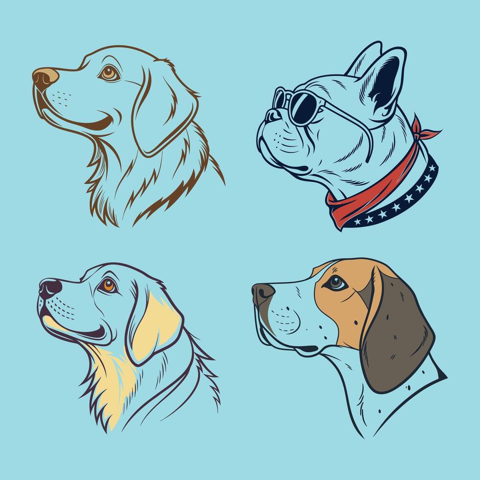 Four different dog head designs with different colors vector