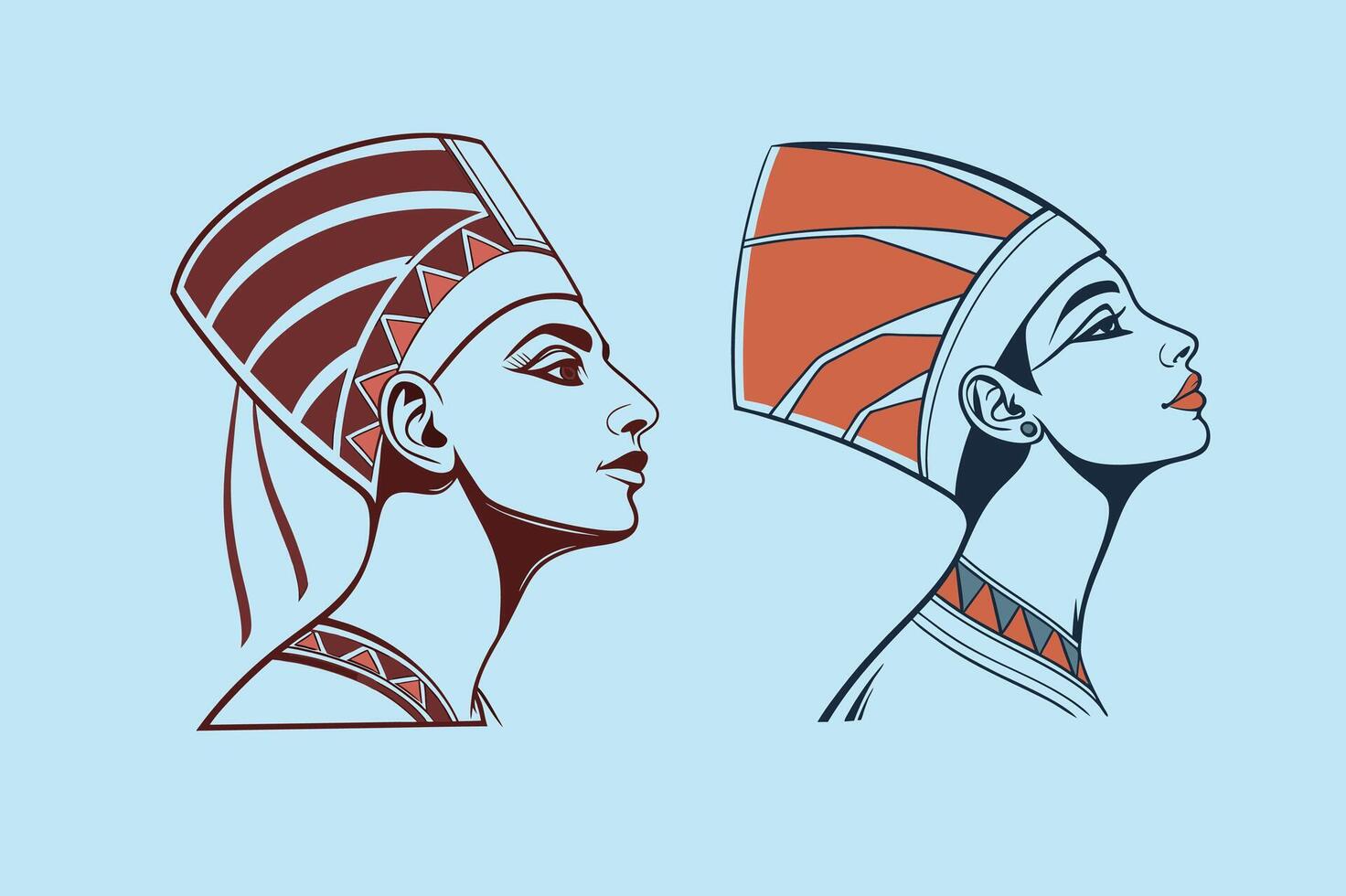 Two egyptian women in headdresses, one in red and one in blue vector