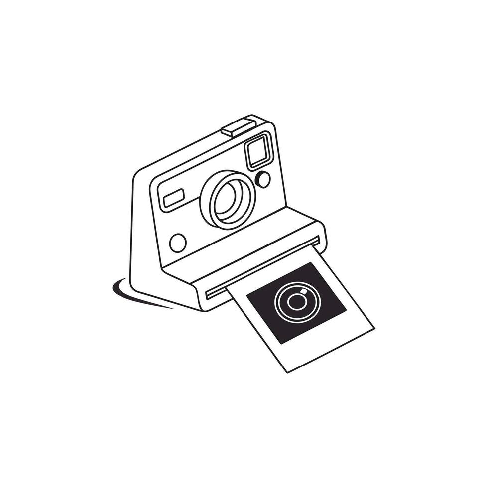 A black and white drawing of a camera with a photo vector