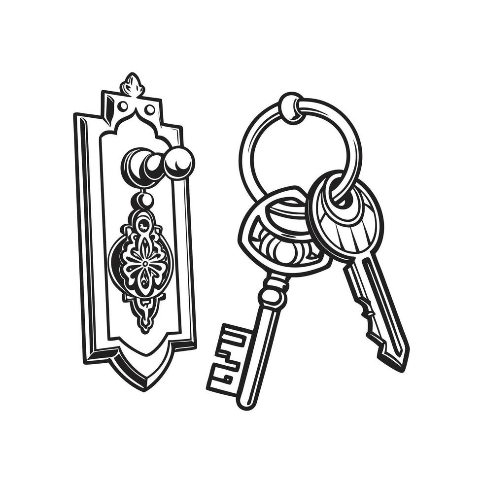 A black and white drawing of a key and a door vector