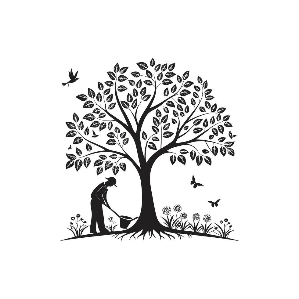 A black and white illustration of a man watering plants under a tree vector