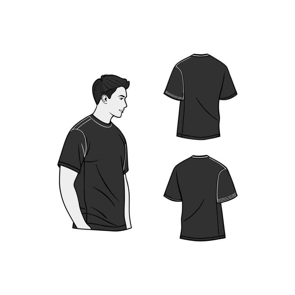 A black t - shirt with a man standing in front of it vector