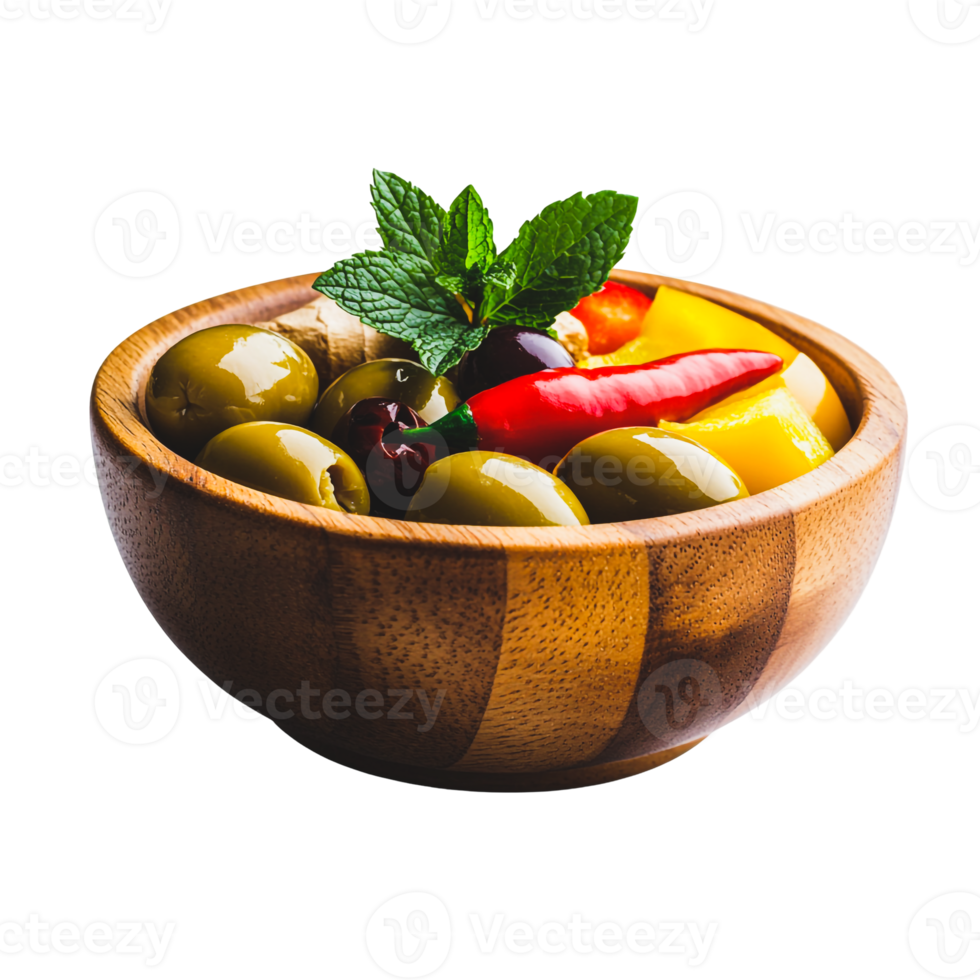 A Rustic Bowl of Green Olives Red and Yellow Peppers Ginger and Mint png